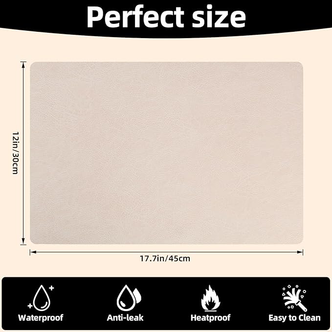 Vinyl Placemats Set of 6-12×17.7 Inch Waterproof & Heattable Placemats, Fall Faux Leather Wipeable Outdoor Table Mat for Dining, Kitchen, Indoor Outdoor Use (Beige, Cowhide Grain)
