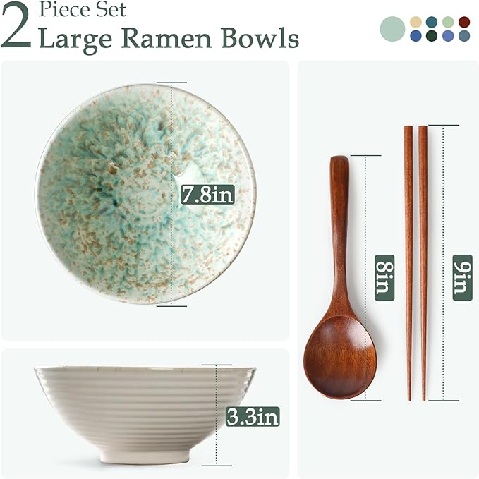 NUTRIUPS 8 Inch Ceramic Ramen Bowl Set of 2 Pho Bowls 40oz Japanese Noodle Udon Soup Bowls with Spoons and Chopsticks (Forest)