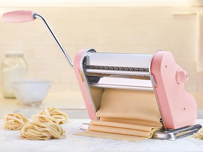 PASTALINDAClassic 200 Pasta Maker Machine, 20 cm Wide Rollers, 9 Thickness Positions, 2 Cutting Positions, Stainless Steel. Includes Reinforced Hand Crank And Two Clamps (Pink)