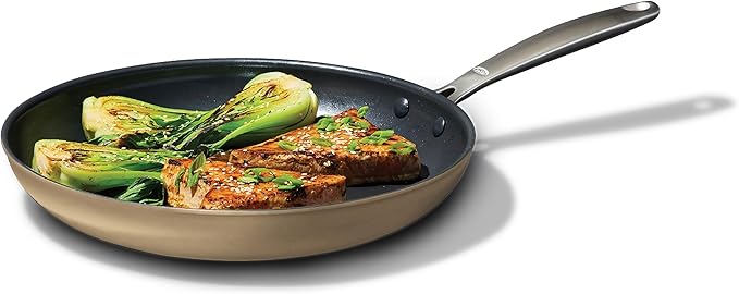 OXO Enhanced 12” Nonstick Frying Pan Skillet, Ceramic PFAS-Free Cookware, Stainless Steel Handle, Eggs & Omelets, Dishwasher & Oven Safe, Biscuit Brown