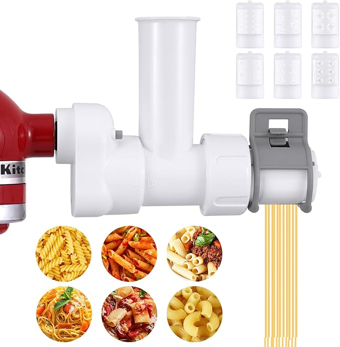 6 In 1 Pasta Maker Attachment for KitchenAid Stand Mixers with 6 Different Shapes of Pasta Outlet, Stainless Steel Plastic ABS