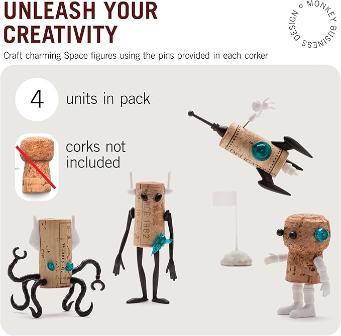 Corkers Wine Accessories by Monkey Business, Set of 4 Collectible Spaced Themed Designs, Crafting Parts for Corks. Gifts for Wine Drinkers and Wine Enthusiasts