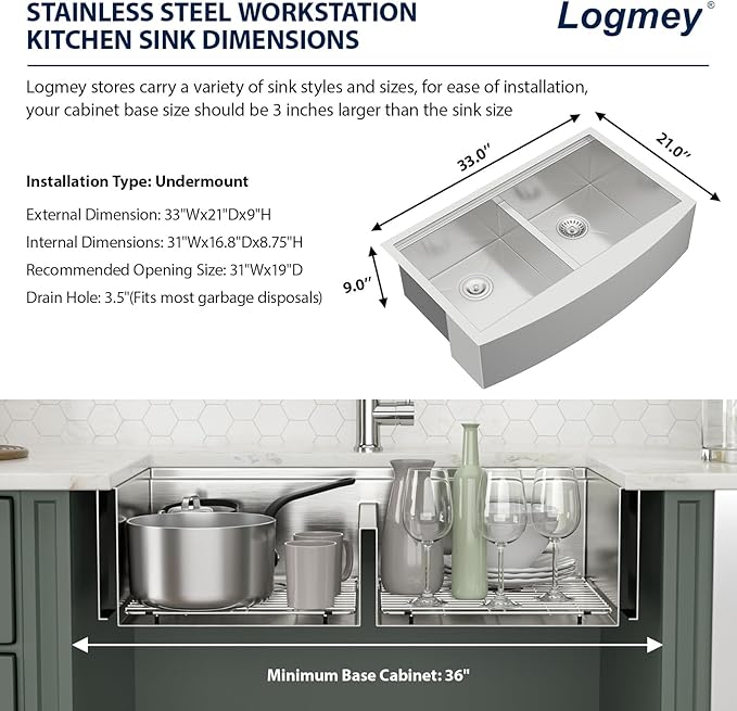 Logmey 33 Farmhouse Sink Double Bowl - 33x21 Inch Stainless Steel Apron Front Kitchen Sink Ledge Workstation Low Divide Double Bowl 50/50 16 Gauge Farm Kitchen Sinks