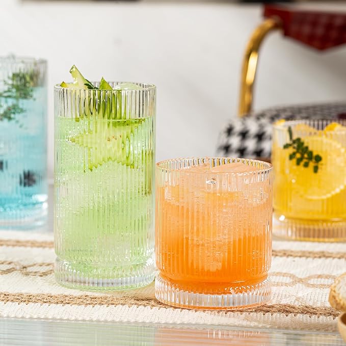 16oz Ribbed Glassware, Vintage Drinking Glasses Set of 4, Cocktail Glass Cups, Elegant Tom Collins Glasses, Highball Ribbed Glasses Ideal for Water, Iced Coffee, Juice, Beer, Milk