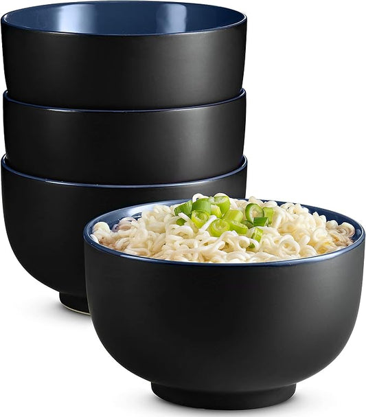 KooK Ramen Bowl, Japanese Bowls, Noodle Bowls, Large Soup Bowl, Ceramic, Large Capacity, For Ramen, Pho, Udon, Soba, Microwave and Dishwasher Safe, 34 oz, Set of 4 (Black/Navy)
