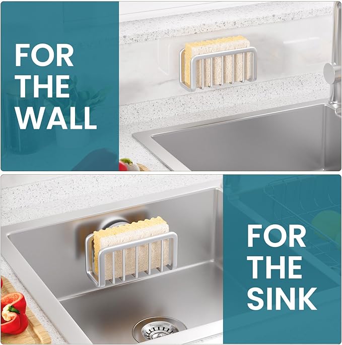 TAILI Sponge Holder for Kitchen Sink with Strong Suction Cup, Removable Sponge Holder, Rustproof Aluminum Sink Caddy for Sponges, Dish Brush - Silver