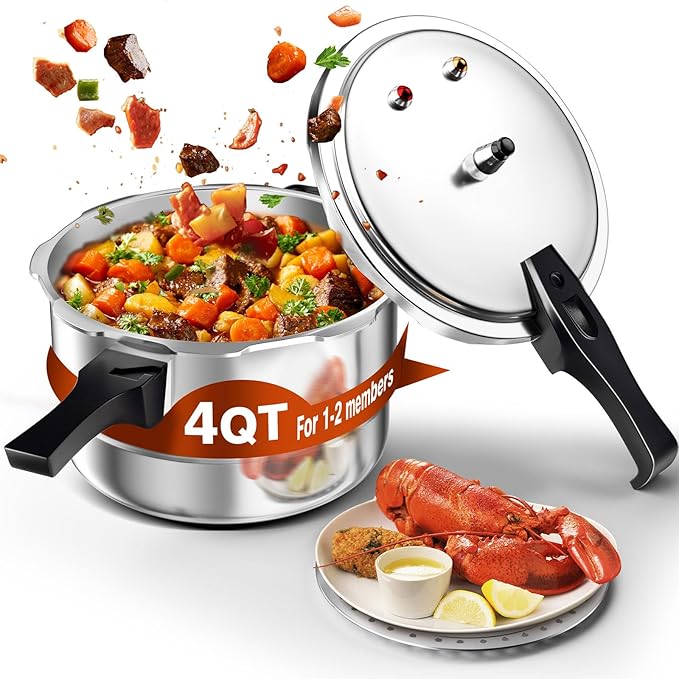 WantJoin 4QT Aluminum Pressure Cooker w/Release Valve & Multiple Protective Devices,Pressure Canner Compatible with Gas & Induction Cooker,Canner Rack Included