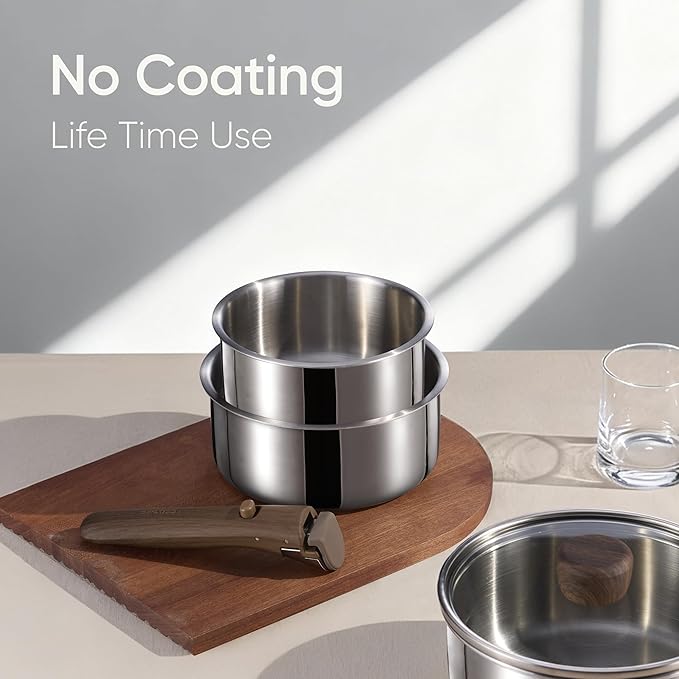 CAROTE Stainless Steel Sauce Pan with Detachable Handle, 5pcs Stainless Steel Pot, 1.5QT&2QT Saucepan with Lid, Non-Toxic Induction Kitchen Cookware, Removable Handle, Oven Safe, Woodgrain