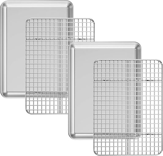 Baking Sheet with Cooling Rack Set [2 Sheets + 2 Racks], Deedro Stainless Steel Cookie Half Sheets Baking Pan Oven Tray with Rack, 12 x 10 x 1 Inch, Heavy Duty, Non-toxic, Dishwasher Safe