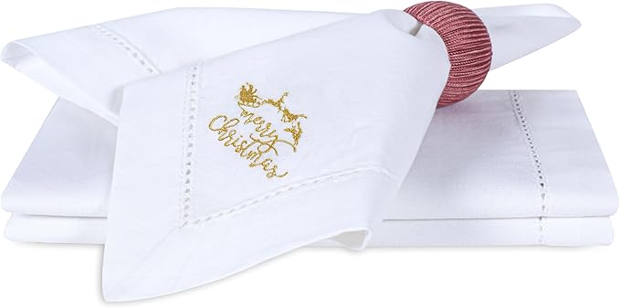 Bedding Craft Cotton Cloth Dinner Napkins Set of 12 – 18x18 White with Gold Embroidery – Reusable Machine Washable Fabric Napkins for Weddings, Parties & Everyday Dining