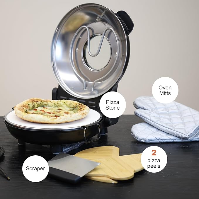Electric Pizza Maker, 12 Inch Countertop Pizza Oven with Pizza Stone, 1200W Indoor Italian Style Pizza Cooker, Dual Heating with Independent Temperature Control, Heats Up to 800°F, Black