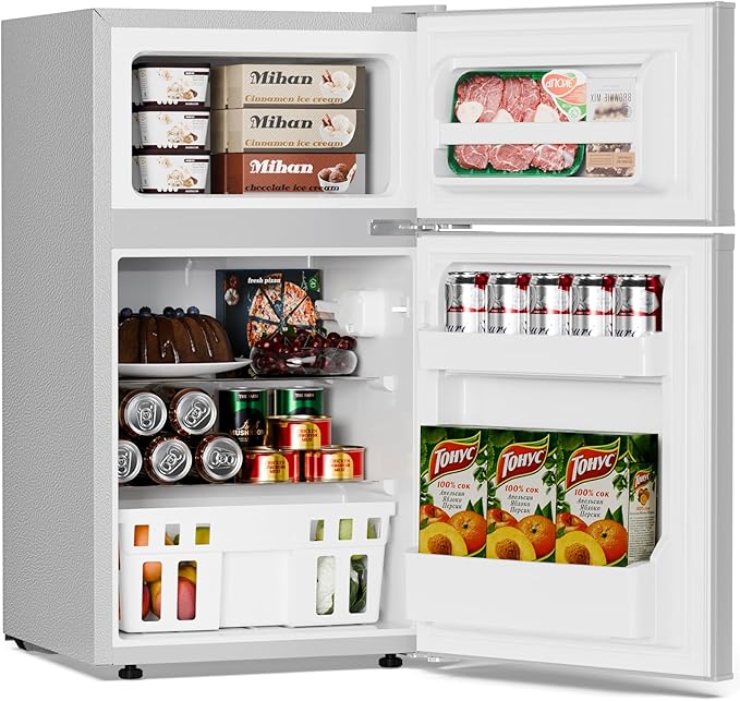 Antarctic Star Mini Compact Refrigerator, 3.2 Cu.Ft. Separate Freezer Double 2-Door Adjustable Removable Shelves For Basement/Apartment/Dorm/Office,GREY