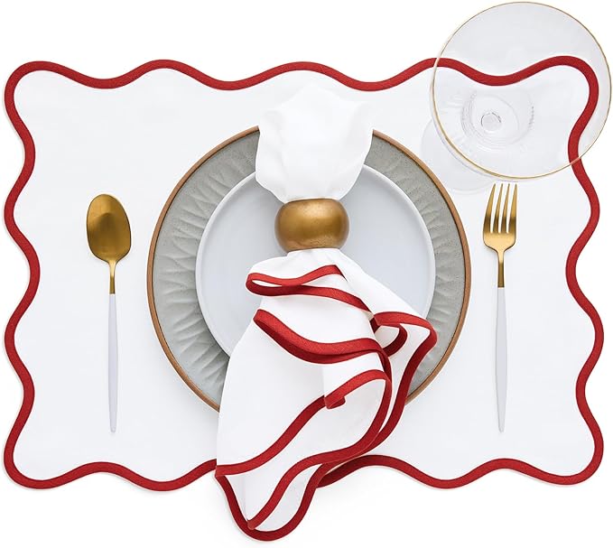 Solino Home Scallop Cloth Placemats Set of 4-100% Pure Linen Christmas White Placemats 14 x 19 Inch - Giselle Scallop Edge, Handcrafted and Machine Washable