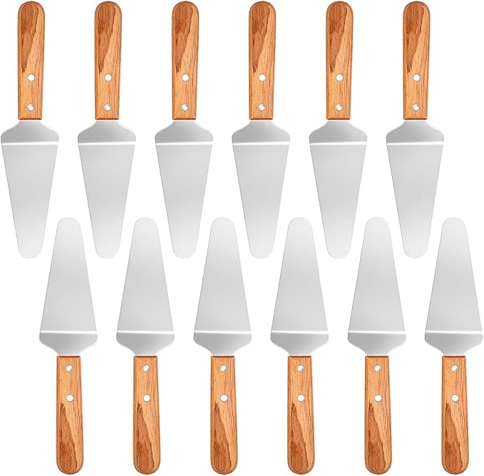 12 Pcs Stainless Steel Pizza Servers with Wooden Handle, Pie Servers Spatula, Triangular Spade Pastry Spatula for Pizza, Pie, Cake, Dessert