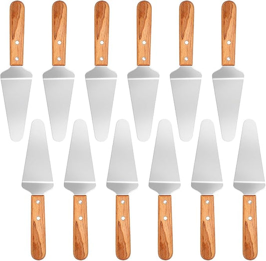 12 Pcs Stainless Steel Pizza Servers with Wooden Handle, Pie Servers Spatula, Triangular Spade Pastry Spatula for Pizza, Pie, Cake, Dessert