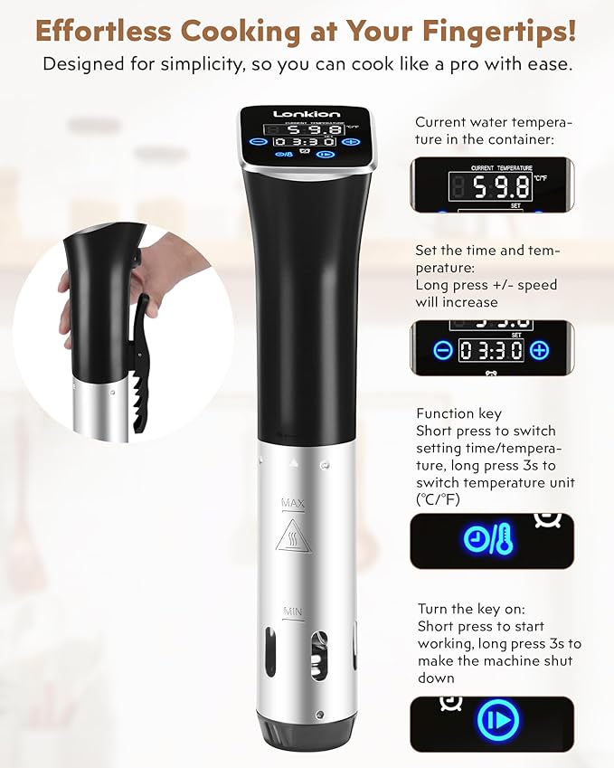 Sous Vide, Lonkion Sous Vide Cooker Machine, Temperature Control, 1100W IPX7 Immersion Circulator, Fast Heating, Home Kitchen Use, Easy to Store