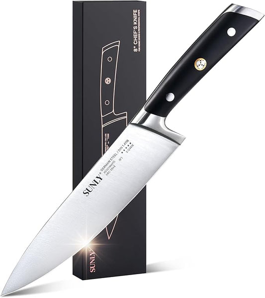 SUNLY 8 Inch Chef Knife, Professional Kitchen Knife Made of German High Carbon Stainless Steel, 58±2 HRC, Ultra Sharp Cooking Knife with Ergonomic ABS Handle, DIN 1.4116 for Home & Restaurant