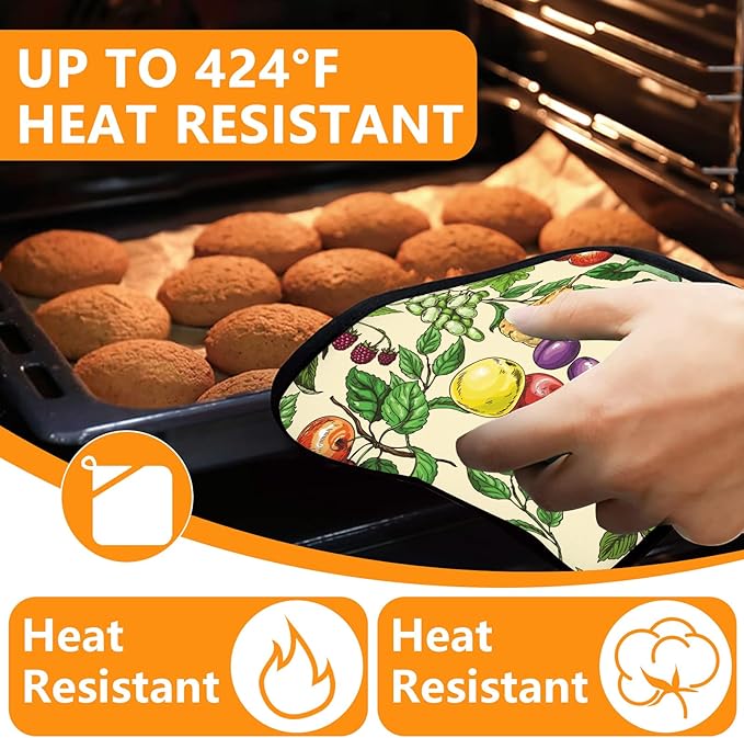 Fruit Oven Mitts and Pot Holders Sets 4Pcs,Extra Long Oven Gloves Potholder for Kitchen Cooking Baking BBQ 100% Cotton Heat Resistant