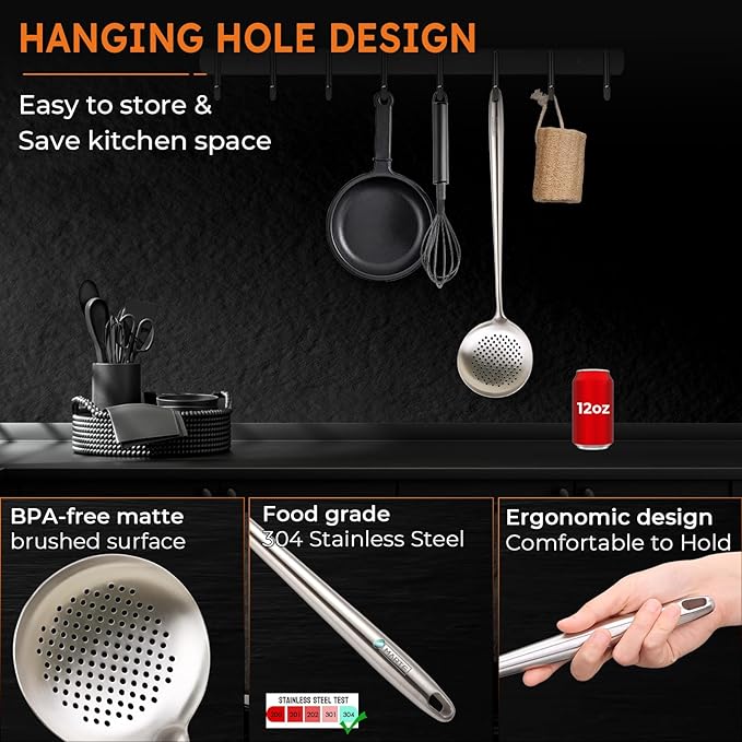 MARTE 17'' Skimmer Slotted Spoon - 304 Stainless Steel Skimmer Ladle Spider Strainer Spoon for Cooking and Frying - Long Pasta Strainer Tools Frying Spoon Kitchen Cooking Utensils Colander Spoon