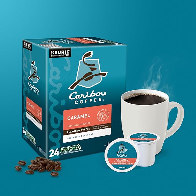 Caribou Coffee Caramel Flavored Coffee, Single Serve Keurig K-Cup Pods, Medium Roast Coffee, 96-Count Box (Pack of 4)