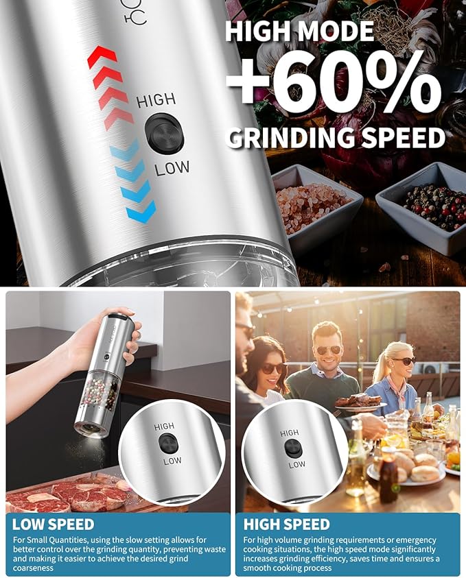 CIRCLE JOY Rechargeable Salt and Pepper Grinder Set Stainless Steel Electric Pepper Grinders with Variable Grinding Speed, External Adjustable Coarseness, Charging Base and White LED Light, Silver