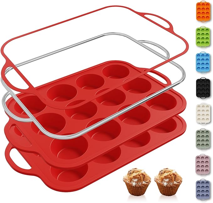 2 Packs 12 Cups Silicone Muffin Pan for Baking with Metal Reinforced Frame Regular Size Cupcake Pan Tray Egg Bites Silicone Cookie Molds Muffin Tin Tart Pans Sheet Set for Oven Dishwasher Safe