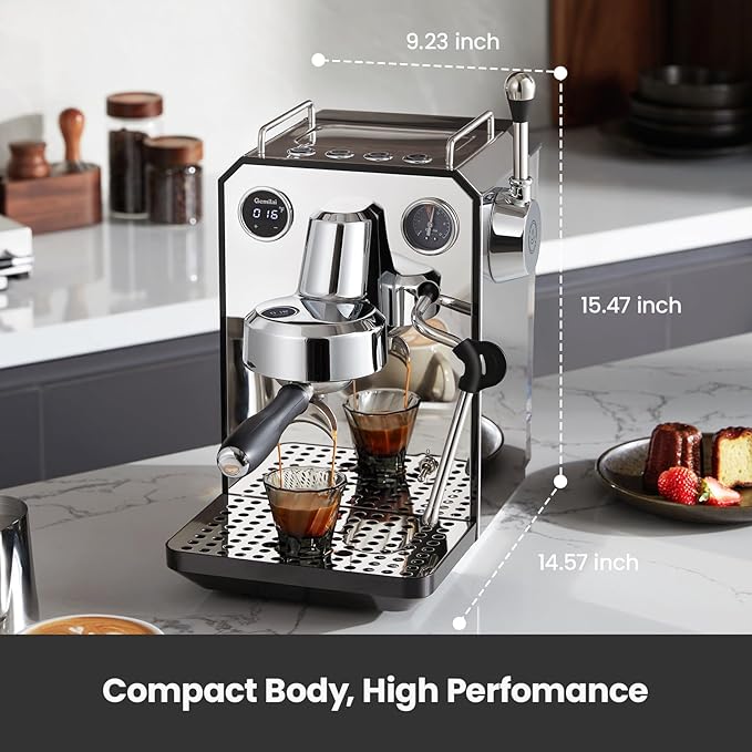 Gemilai Owl Espresso Machine, 15 Bar Professional Semi-Automatic Espresso Maker with Milk Frother Steam Wand & 57oz Removable Water Tank, Dual Display, for Cappuccino, Latte, G3006, Stainless Steel