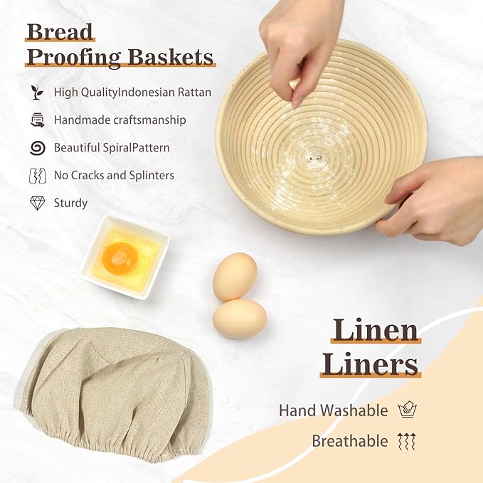 Bread Banneton Proofing Basket,9 Inch Round Sourdough Proofing Basket with Linen Liner,Bread Making Tools and Supplies,Home Sourdough Bakers Baking and Sourdough Starter Kit