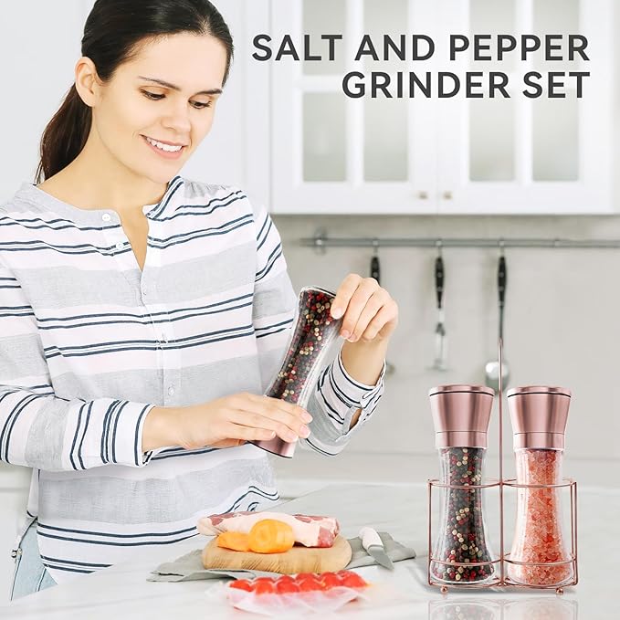 Copper Stainless Steel Salt and Pepper Grinder Set Manual Himalayan Pink Salt Mill|Salt and Pepper Shakers with Adjustable Coarseness and Clear Glass Body (Pack of 2)