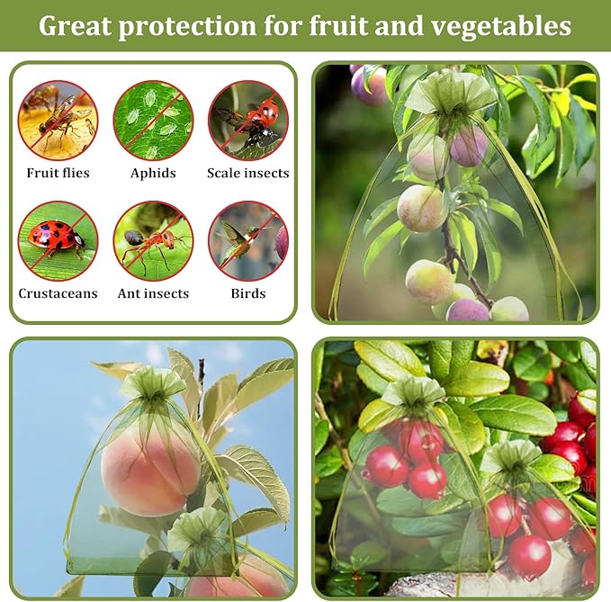 100 Pcs Fruit Protection Bags, 6x9inch Fruit Netting Bags, Green Drawstring Mesh Bags Fruit Cover Pest Barrier for Mangoes Tomatoes Fruit Trees Veggies Garden