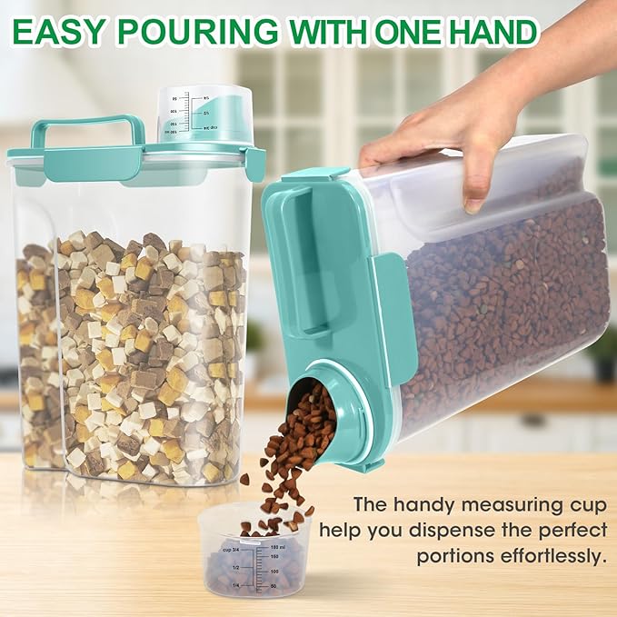 Pet Dog Cat Food Storage Container 5 to 7 lbs with Can Cover and Mixing Spoon, Airtight Travel Pet Food Storage Dispenser with Easy-pouring Spout & Cup, Kibble Dog Treat Bird Seed Container -Cyan