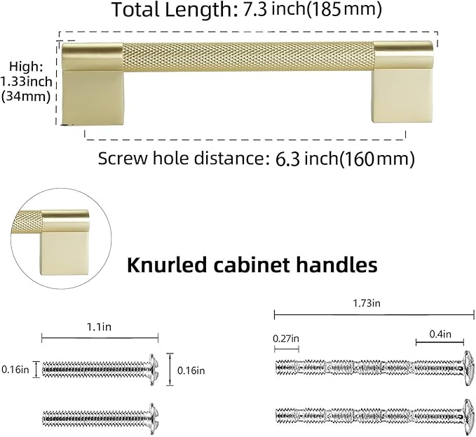 10 Pack 6-1/4 inch(160mm) Brushed Brass Kitchen Cabinet Handles Knurled Cabinet Pulls Gold Drawer Pulls Kitchen Hardware