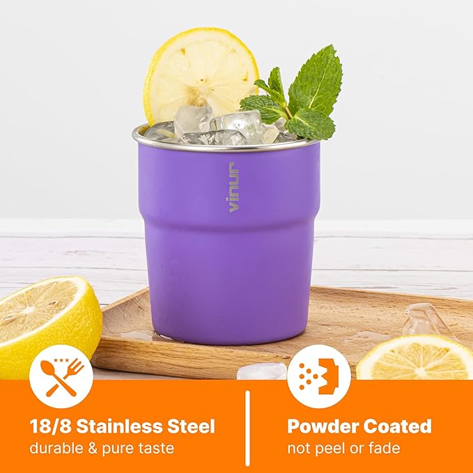 VINUR 8 oz Stainless Steel Cups 4 Pack Tumbler Stackable Metal Drinking Glasses for Travel, Camping, Outdoors (Canyon Red-Sky Blue-Purple-Navy)