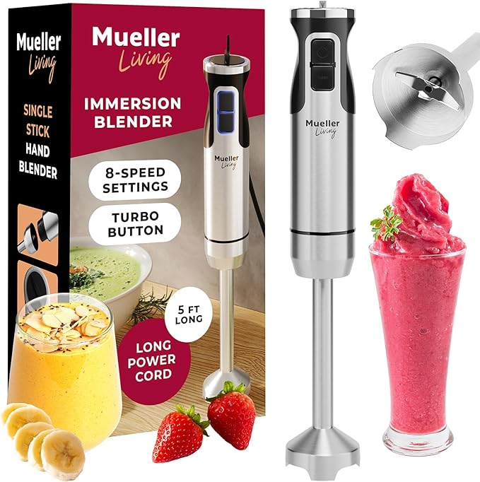 Mueller Immersion Blender Handheld - 8 Speed Stainless Steel Electric Hand Blender, Emulsion Blender Stick Kitchen Gadget with Turbo Mode