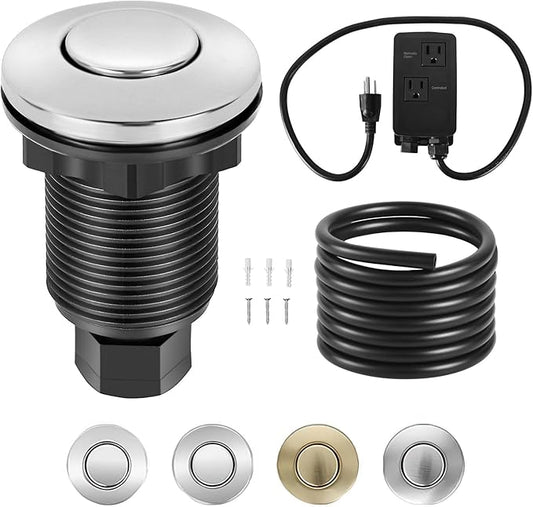 VEVOR Garbage Disposal Air Switch Kit, Dual Outlet Sink Top Air Switch for Food Waste Disposal, 2.5-inch Chrome-Plated Stainless Steel ON/OFF Air Push Button, Suitable for Stainless Steel Countertops