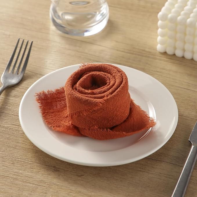 Handmade Cloth Napkins with Fringe, 100% Cotton Napkins, Delicate Handmade Linen Napkins for Dinners, Parties, Weddings and More, 17 x 17 Inch Set of 12 - Orange