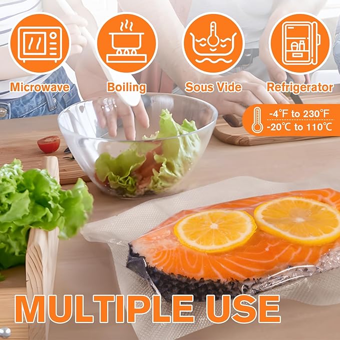 FUNFERY Pre-cut Vacuum Sealer Bags for Food, 200 Quart 8" x 12", Food Long-Term Storage and Sous Vide Commercial-Grade Bag,BPA Free Bags,Easy Labled