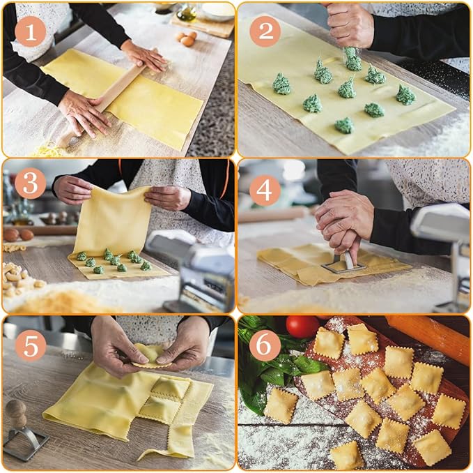 Ravioli Pasta Cutter Wheel Set of 5, Ravioli Makers with Roller Ravioli Stamp Cutter Set with Wooden Handle, Pasta Press Wheel Pasta Maker Tools For Pasta Making Dumplings, Pierogi (Silver)