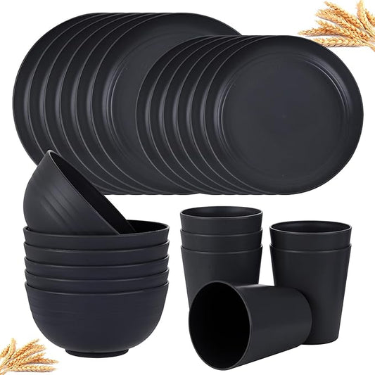 supernal 24pcs Wheat Straw Dinnerware,Unbreakable Dinner Plates Set,Microwave Dishwasher Safe,Black Reusable Plates for Picnic,Birthday,Camping