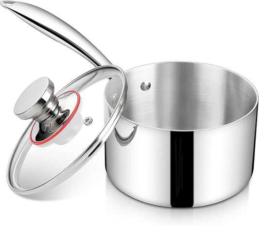 2 Quart Saucepan with Lid, Homikit 2QT Tri-Ply Stainless Steel Sauce Pan with Ergonomic Handle, Heavy Bottom Small Pot for Kitchen Cooking, Compatible with All Cooktops for Boiling Eggs Warming Milk