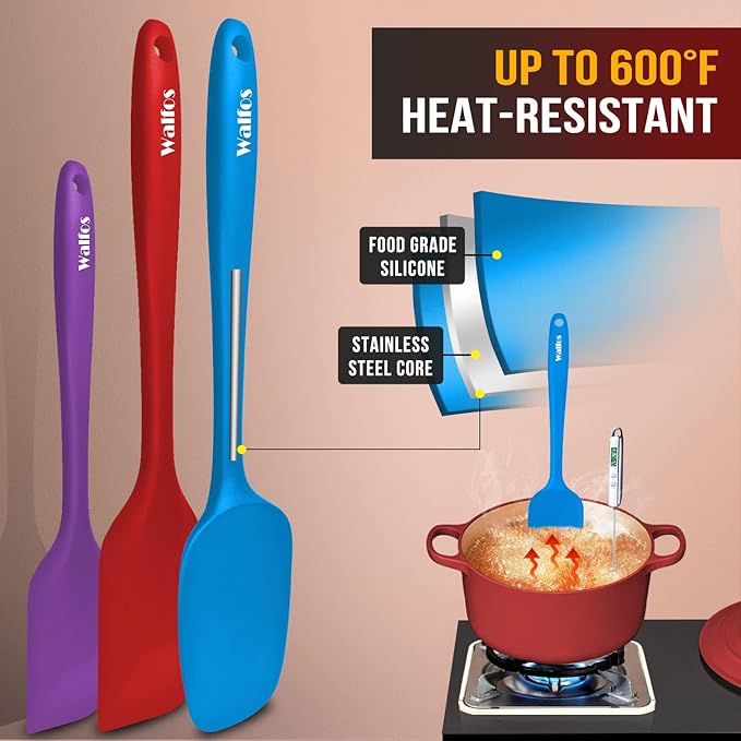 Walfos Silicone Spatula Set of 4(600°F）,Heat Resistant Kitchen Silicone Scraper Spatulas, Strong Steel Core and One-Pieces Seamless Design, For Cooking Mixing & Baking,BPA Free & Dishwasher Safe