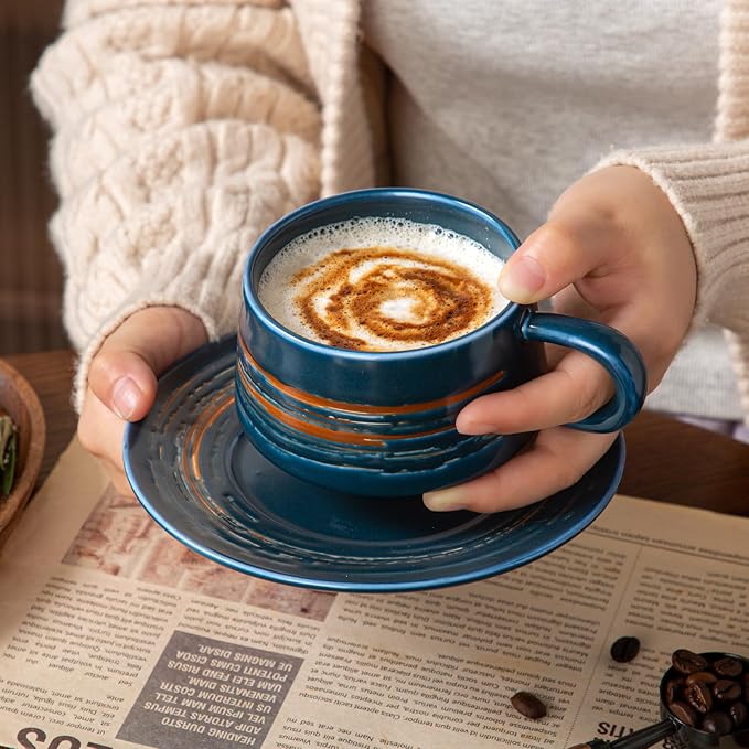 YUN TAO 4-Piece Ceramic Latte Cups with Saucers Set with Ergonomic Handles,Tea Mugs - Elegant Stylish Design for Home Office Cafe Perfect for Coffee Lovers-Birthday Gifts for Women