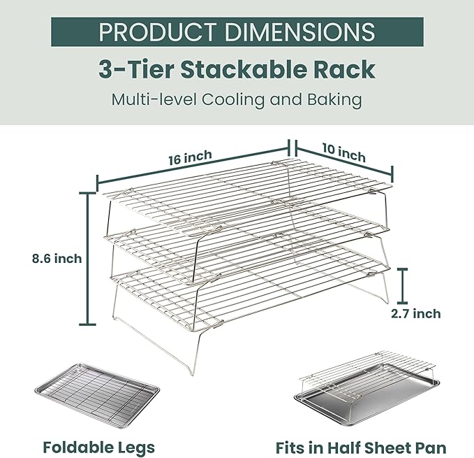 Ultra Cuisine Heavy Duty 3 Tiers, 16" x 10" Cooling Rack for Cooking and Baking - Professional Grade Premium 100% Stainless Steel Baking Rack & Wire Cooling Mesh - Dishwasher Safe - Pack 3