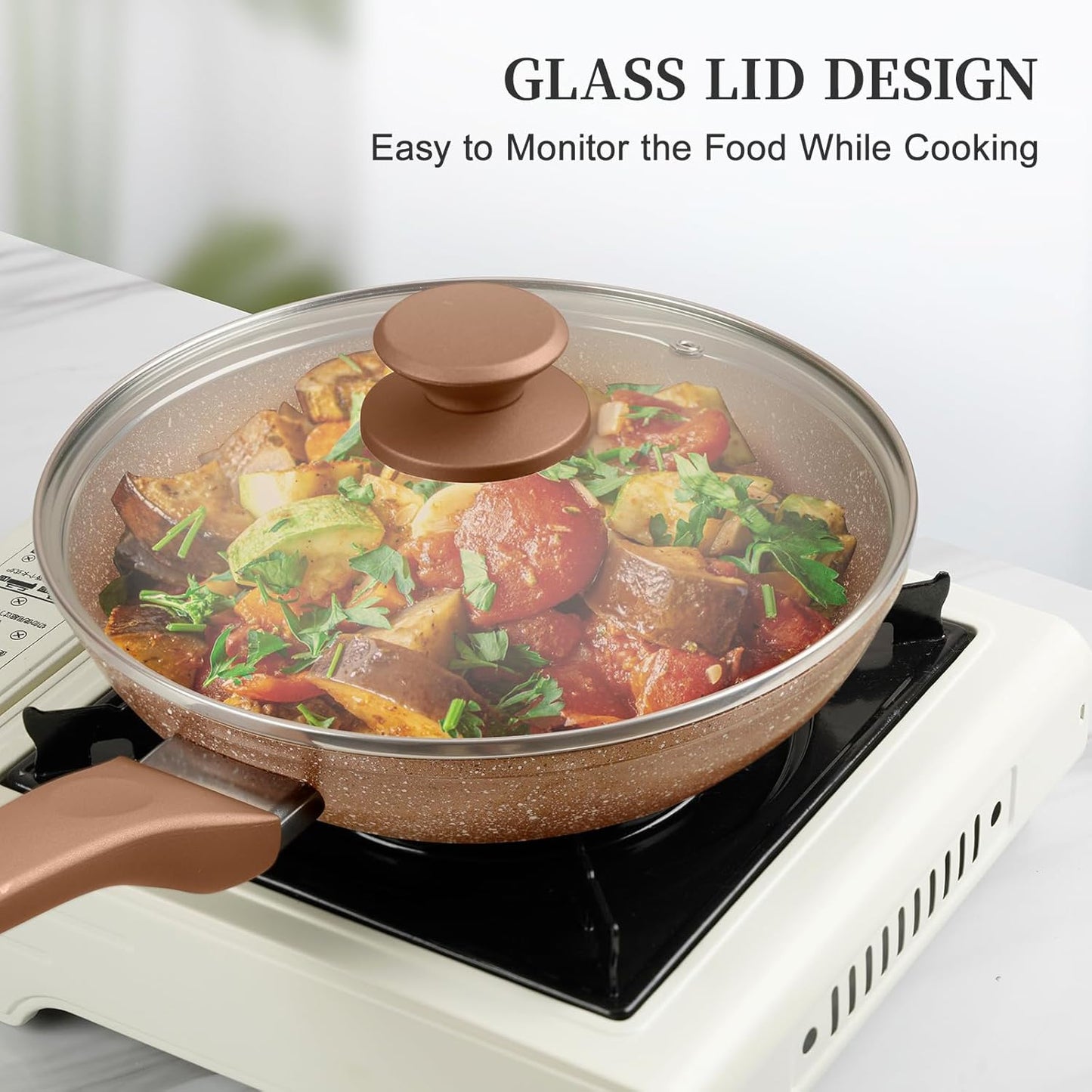 Healthy Nonstick Granite Cookware Set - 3 Pcs, Induction Skillets With Lids, PFOA Free, No Toxic Egg Omelette Frying Pan