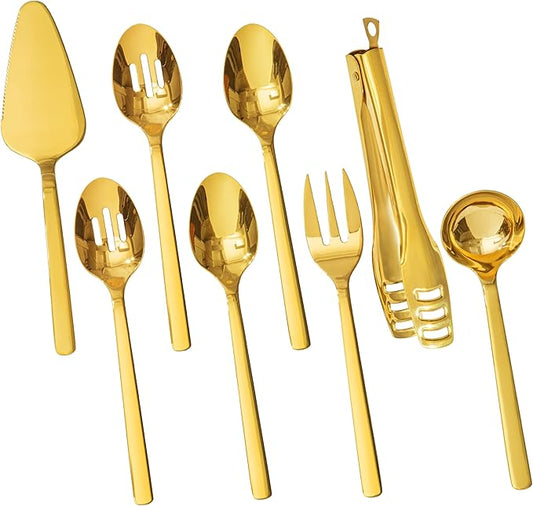 KINGSTONE Large Hostess Gold Serving Utensils Sets,18/10 Stainless Steel Heavy Duty 10inch Serving Spoons,Slotted Spoons,Serving Fork,Serving Tongs, Cake Pie Server For Buffet, Wedding, Party