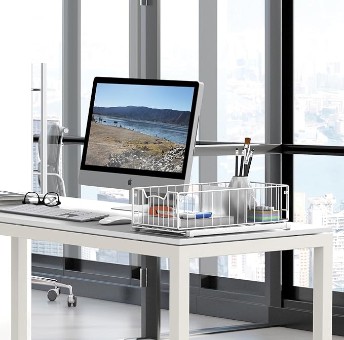 Simple Houseware Pull-Out Cabinet Sliding Basket Organizer, 17.2" D x 9.7" W x 5" H – White, Ideal for Kitchen and Bathroom Cabinet Storage, Under Sink or Pantry Organization