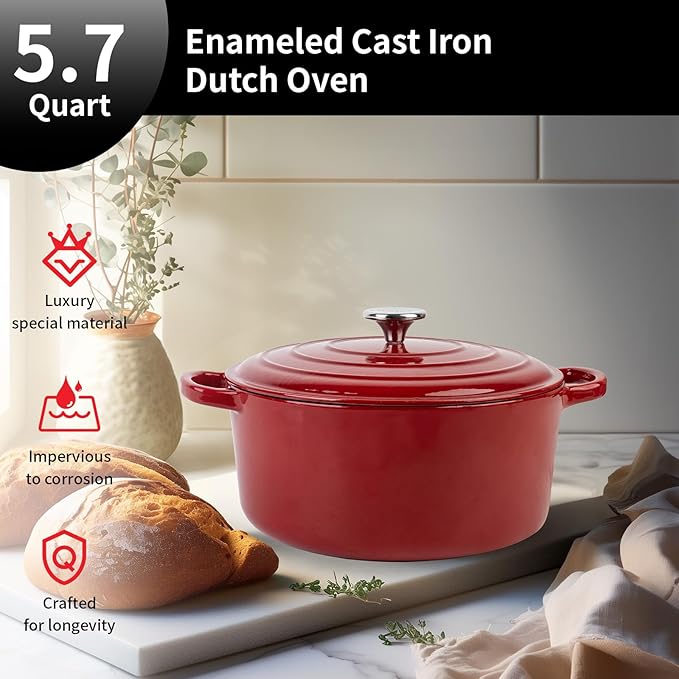Enameled Cast Iron Dutch Oven Pot with Lid, 5.7 Quart Dutch Oven for Bread Baking, Oven Safe up to 500° F, Suitable for Bread Baking, Braising, Roasting, Stews, Red