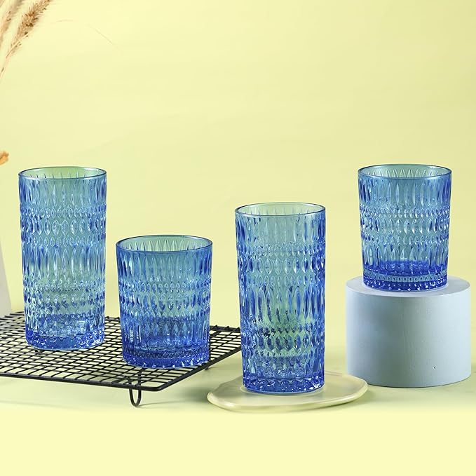 Glassware Drinking Glasses Set of 8, 14 oz Highball Glasses & 10 oz Ribbed Glass Cups, Vintage Glassware for Water, Juice, Cocktail, Whiskey (Blue)