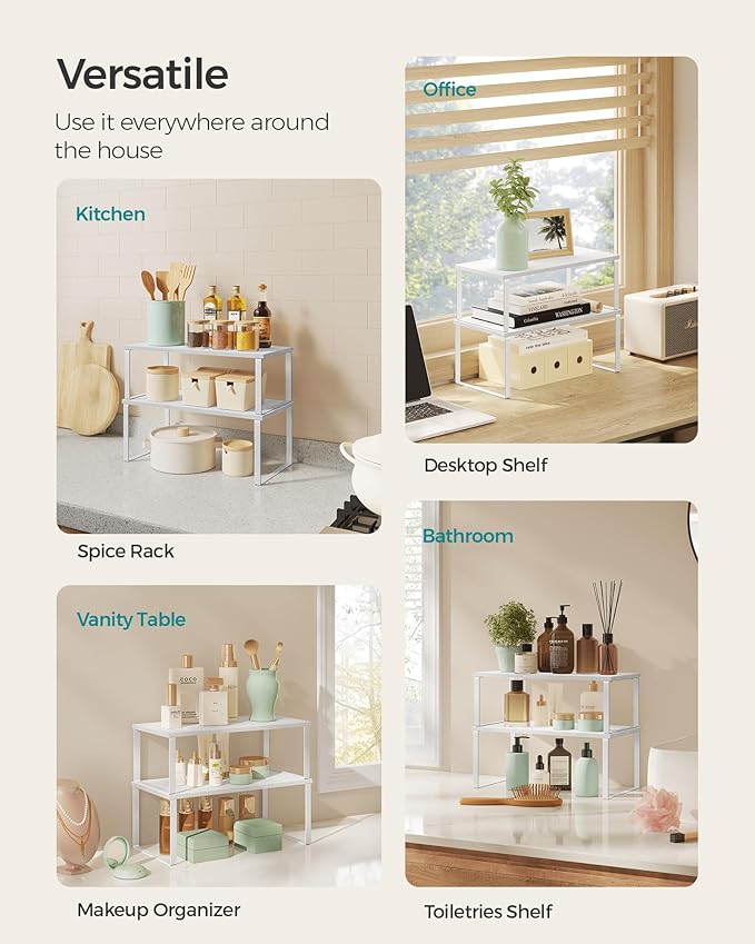 SONGMICS Cabinet Organizer Shelf, Set of 4 Kitchen Counter Shelves, Kitchen Storage, Spice Rack, Stackable, Expandable, Metal and Engineered Wood, Cloud White and Snow White UKCS028W01