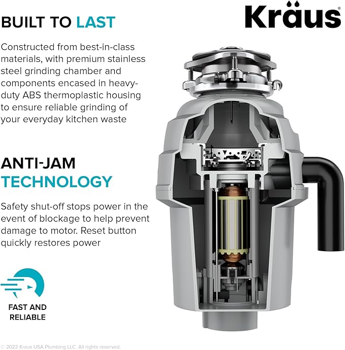 KRAUS WasteGuard High-Speed 1 HP Continuous Feed Ultra-Quiet Motor Garbage Disposal with Power Cord and Flange Included and Universal Mount, KWD200-100MGR